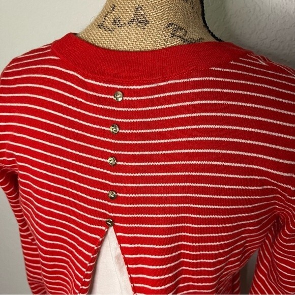 Boden Womens Size S Red Striped Lace Back Cotton Blend Long Sleeve Crew Sweater - Picture 10 of 11